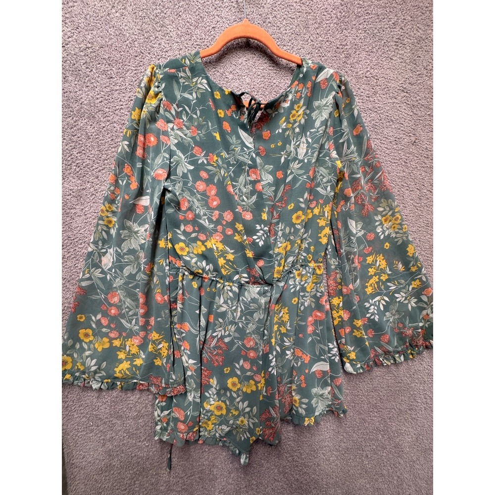 June & Hudson Boho Floral Romper Dress Green Cottagecore Fairy Tie L Flowy
